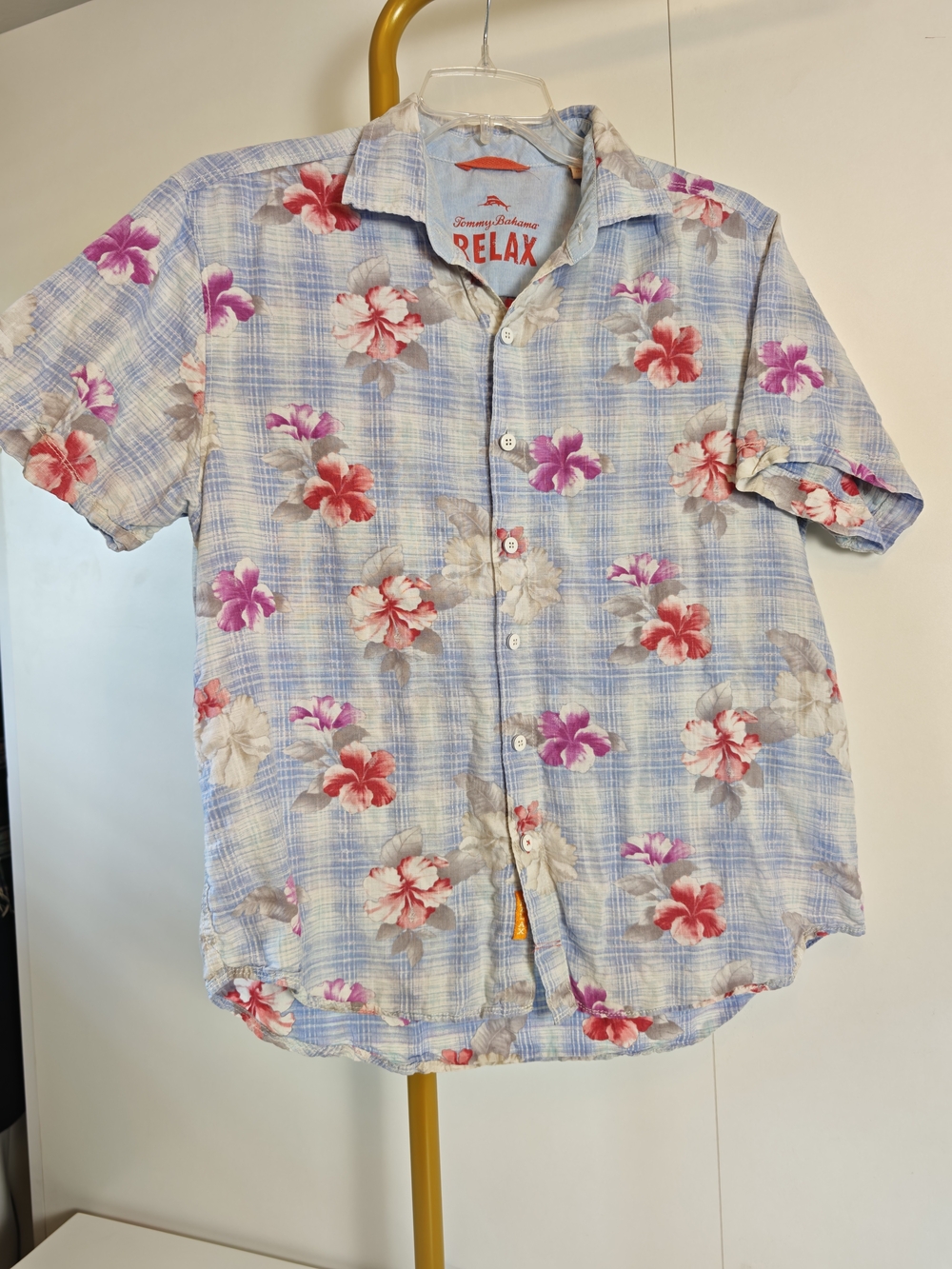 Miami Resortwear Tommy Bahama Blue Plaid Short-Sleeve Floral Button-Down Large